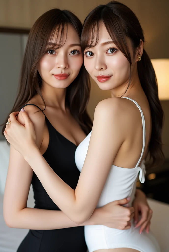 Best quality,masterpiece,ultra high res,(photorealistic:1.4),a girl, age 18, (perky uplifted breasts:1.2), cleavage, (slim face, Slim Waist, Slim legs), resbian, ,shoulder, sexy night dress, charming, hugging, at night, Looking at each other, dynamic shot,