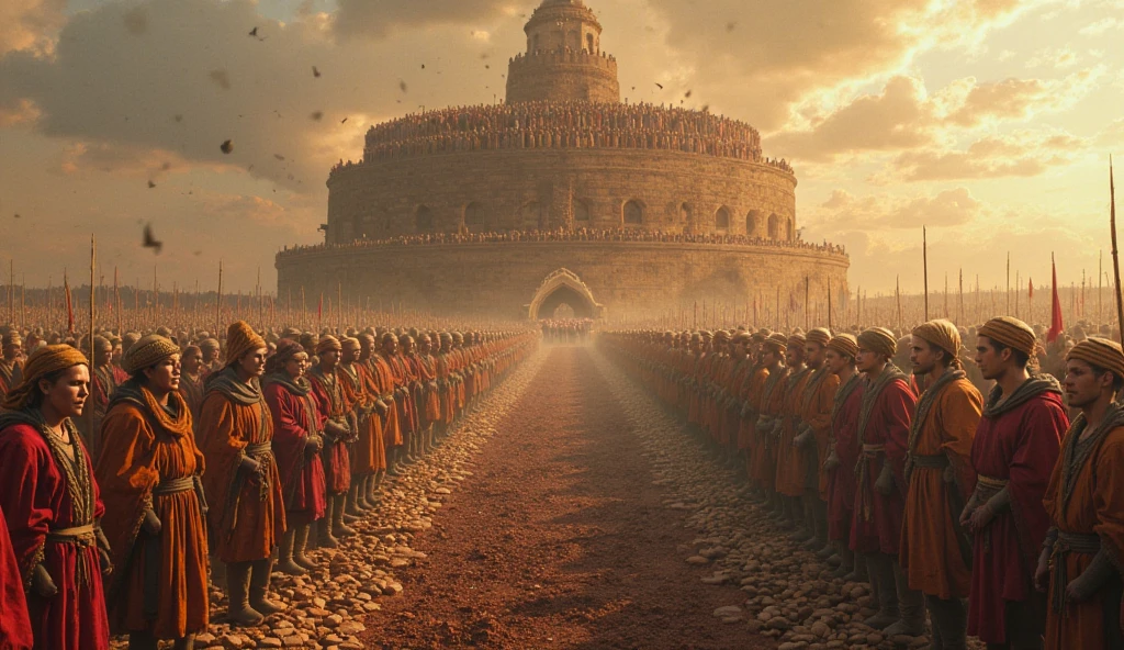 Create a detailed 3D rendering of a grand palace with a vast, uneven ground in front of it. In this field, thousands of soldiers are lined up, ready for battle. Among them are horse-mounted soldiers, elephants, and chariots, all assembled in large numbers.
Include the following details in the rendering:
Showcase the architecture of the palace with intricate details such as tall towers, massive gates, and elaborate carvings.
Depict the field as rugged and uneven, fitting for a battlefield, with effects of dust and smoke.
Present the soldiers in various types of armor and weaponry, standing in disciplined lines, ready for war.
Illustrate the horses, elephants, and chariots in a dynamic and lifelike manner, emphasizing their strength and readiness for combat.
Create an overall dramatic and grand atmosphere, capturing the essence of a massive army preparing for a significant battle.
This rendering should convey a sense of epic scale and historical grandeur, immersing viewers in the scene of the palace and the vast army assembled before it.
.
