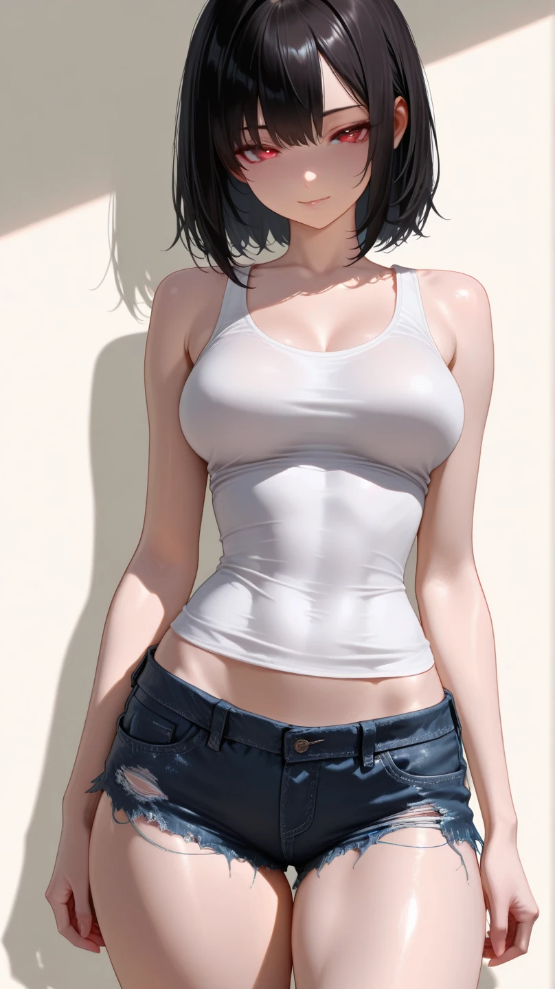 ((Best quality)), ((masterpiece)), (detailed: 1.4), beautiful woman, Asian, short black sleeveless t-shirt, black lag pants, short black hair with red locks, ink, (solo), realistic,((masterpiece)), (best quality), (detailed), (1 girl), big breasts, sexy, thicc, underboobs