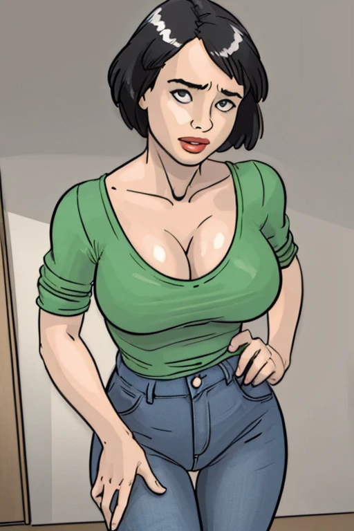 Aunt Cass from Big Hero 6, seductive 30 year old woman with bob brunette hair, hazel eyes, perfect breasts, model body, wearing a green tank top, hazel Bermuda shorts, posing, upper body, in the kitchen, smile