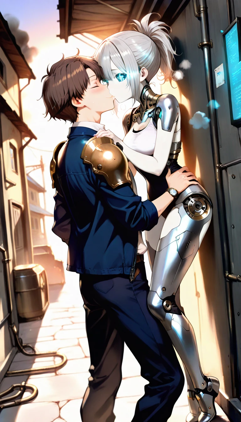 score_9, score_8_up, score_7_up, source_anime, 1boy, 1girl, mature female, female robot, mother and son, baby, hug, kiss, bosom, kneeling