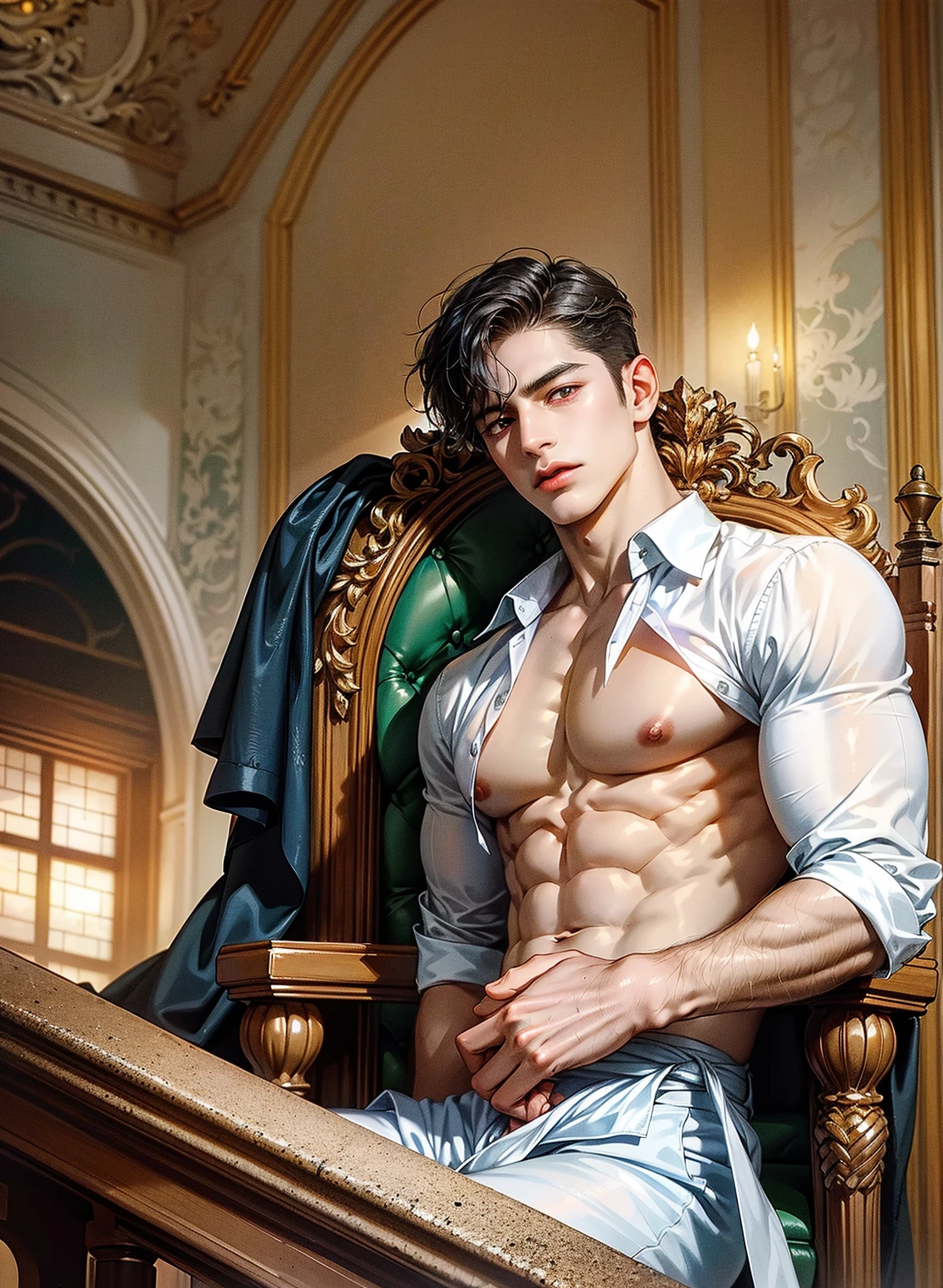 Realistic 4 K HD painting of a young man, with open white shirt and white underpants, sitting on a armchair relax pose. Hight constrast. Soft light