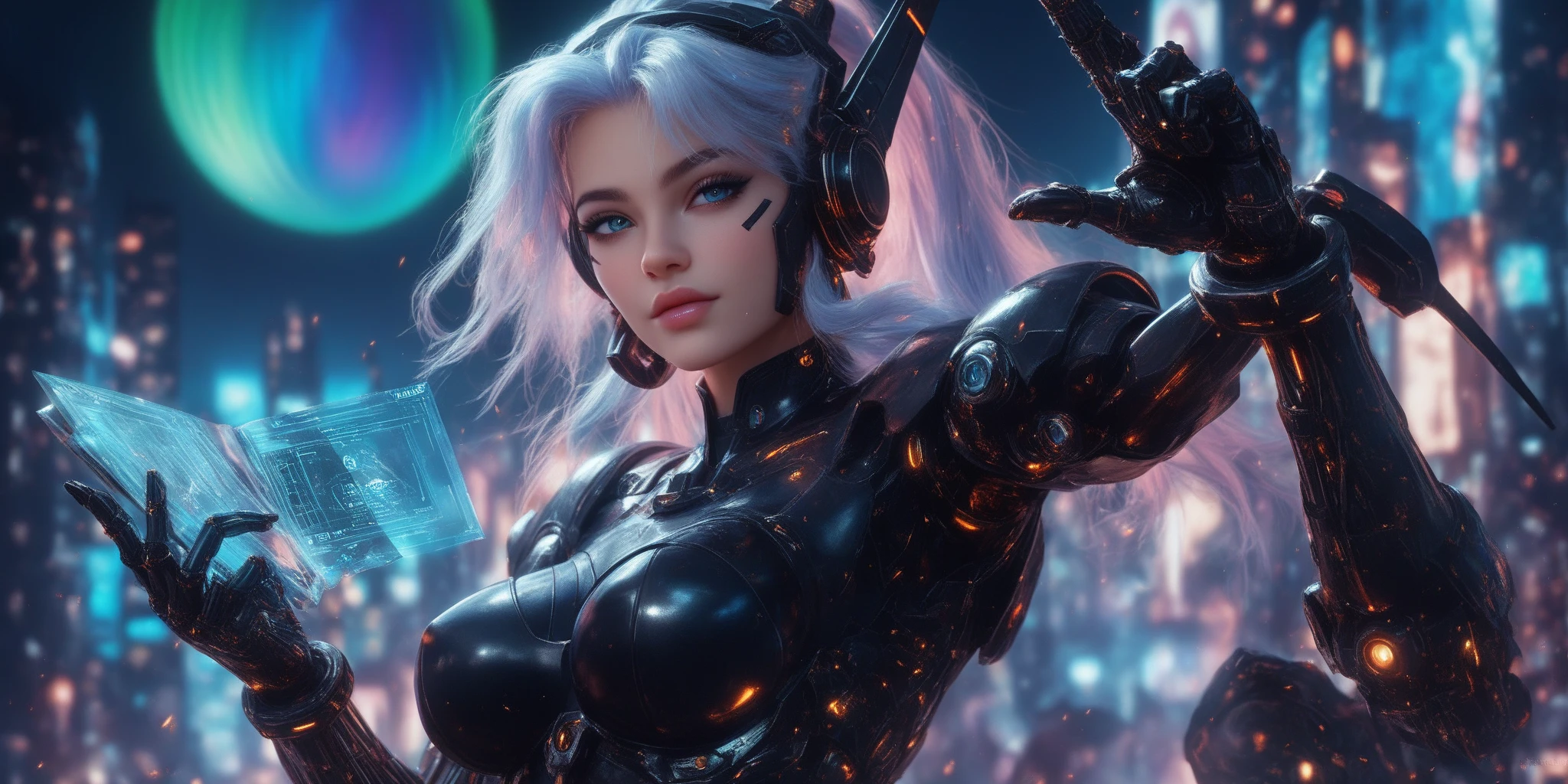 Un primer plano de una mujer con una mirada futurista en su rostro, Hermosa modelo de mujer cyberpunk, El retrato de la chica cyberpunk, Cyberpunk hermosa chica, dreamy cyberpunk girl, seductive cyberpunk dark fantasy, Retrato Hermosa Sci - FI Girl, Hermosa cara de chica cyberpunk, Cyberpunk enojada hermosa diosa, Cyborg - Chica con cabello plateado, cyberpunk 2 0 y. o Chica modelo, Hermosa chica cyborg