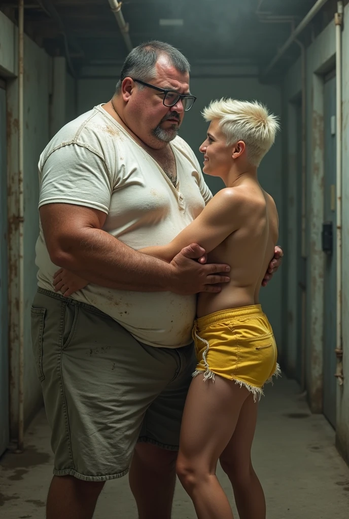 (Subject focus: 1slimcuteyoungfemboy with bulging thong + 1 naked burly bald fat old man with robust build right besides me), 2 people naked, totally naked:1.3, I have japaneae cute girl'a face, I'm clearly an adrogynous boy,((I have an affair with 1 robust old man)), (my legs up showing my cute penis to the old man), ((Facial face close-up portrait), (both arms behind head - sexy luscious pose)), I'm posing for the robust old man besides me, the old elderly men hugging molesting me, Full body shot of 1femboy with girl-like delicate curves, young 12 yo boy with girl's face, accompanied by 1 robust nudist burly old man, very very very very beautiful boy with girl's face aphrodisiac, [story: I'm the youthful jujutsu sorcerer, this scene takes place inside my shinto temple alongside my robust old man only-men guards], blushing, (short straight silvery hair with red trace & blunt bangs:1.2), (curvy femboy), (curvy thicc boy with girl's very beautiful face), (tiny flat chested - femboy flat chest:1.65), thick arms, (white eyelashes), (nipples visible), (I'm totally nude revealing my cute tiny penis:1.35), everybody's naked, my old men henchmen looking in awe, Surrounded by robust old nudist men, (settings are 10th century around 1000 AD), indoor - the shinto temple, (front view), (I'm wearing highheels), ((armpit seen)), he has fairest white complexion, short silver hair, red eyes, a beautiful and motherly face, he had wide hips & thicc thighs are entirely bare for all to see, emphasizing her feminine allure, curvy model body, full lips, plump, fleshy juicy hips, glossy sweaty skin, 🤬❤❤️‍🔥💦🍑, juicy lips, plump red lips, absurdres, high res, ultrasharp, 8K, professional photograph, award-winning portrait, masterpiece, (high detail full-body view), symmetrical, Nikon D850, 85mm lens, f/1.8, depth of field,