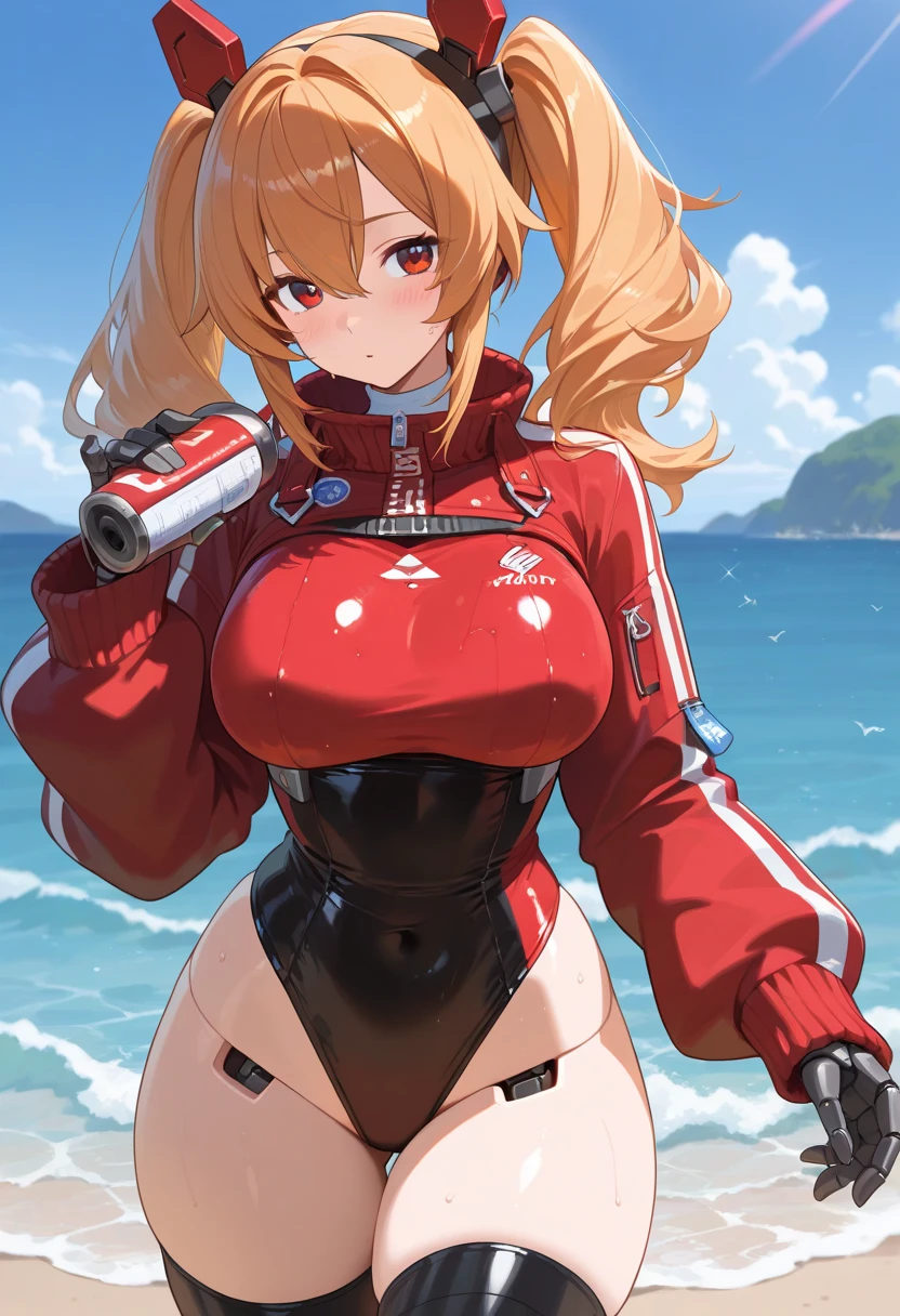 Mecha Girl、1 female、Blonde、bikini、Kicking the Waves、完全なbikiniを着て、With the ocean behind me, I kick my chest high、Kicking the waves。Biologically correct、