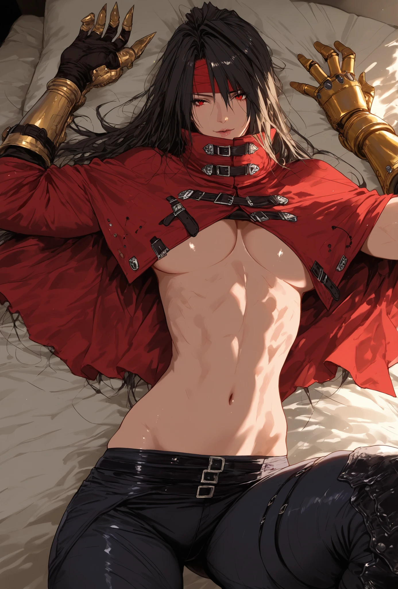 (score_9,score_8_up,score_7_up),((MEN LIGHT MUSCLE,SLIM BODY TYPE,)), ,MEN, skindentation,,extremely detailed,dynamic lighting,best quality,,,best quality,high quality,, , dynamic angle, s, thick thighs, motion lines, skindentation, seductive, , solo, perfect eyes,,DETAIL,MASTERPIECE,,Expressiveh, ultra detailed,,,,very detailed,extremely detailed,dynamic lighting,best quality,(score_9,score_8_up,score_7_up), VINCENT VALENTINE, final fantasy VII, red eyes, red cloack, golden gauntlet.
,sexy man,ABS,LAYING IN BED,SHIRTLESS,BADAS MAN SEXY POSE , ,LIGHT MUSCLE,ATLETICH BODY TYPE,,,extremely detailed,dynamic lighting,best quality,TROUSERS UNBUCKLED, PUBIS VISIBLE