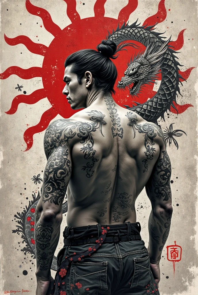 A black samurai with a dragon for tattoo drawing