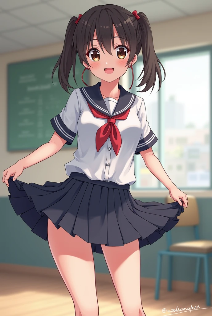 Comical movement、fun、comical smile、Shynesischief、Expectations、surprise、Shyness、School、classroom、pretty girl , Shooting from below, One Girl, Brown Hair、Very short hairstyle, Brown eyes、Red frame glasses、Short sleeve white blouse, Navy Blue Skirt, Navy blue socks, Brown Loafers, I can see her white panties、Thin legs、Small breasts, soft-looking body、Normal body type、in nichijo style、Simple illustration、Masterpiece