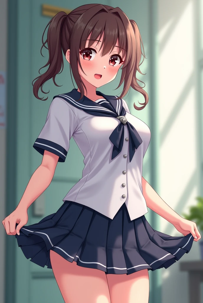 Highest quality, masterpiece, High resolution, alone, {inazuma_Kantai Collection}, brown_hair, Folded_ponytail, brown_eye, length_hair, Open_mouth, smile, School_uniform,skirt,Pleats_skirt,((Flat Chest, Small breasts)), (White panties), (bra), (In underwear), (Flashy underwear), (lingerie), (indoor, office, living room),