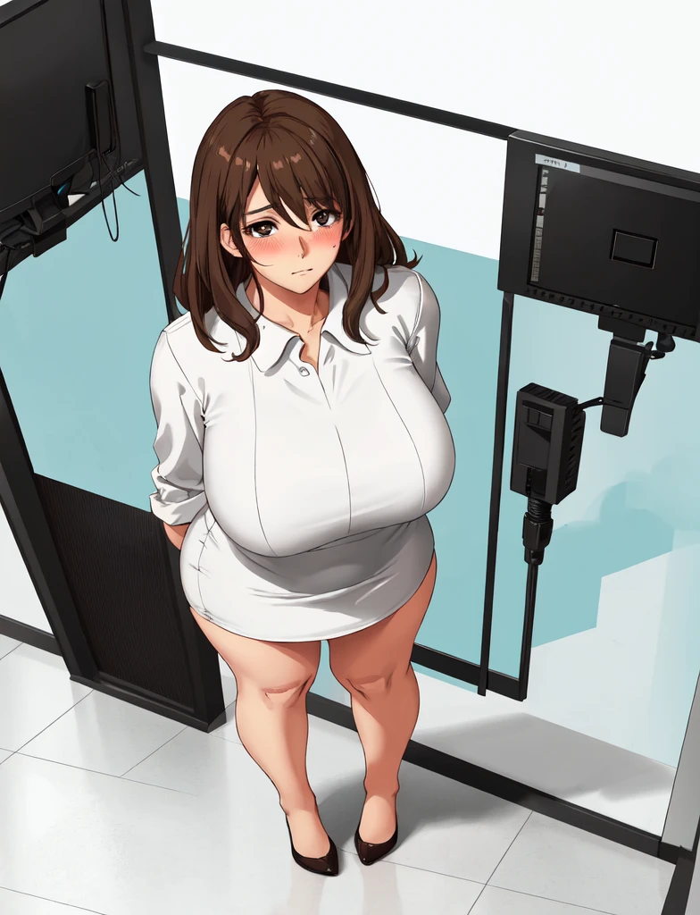 one female with short ponytail brown haircut, wearing short skirt and tube top, thicc, alone, solo, (ALONE)(SOLO), showing cleavage, facing forward, looking at me, looking forward