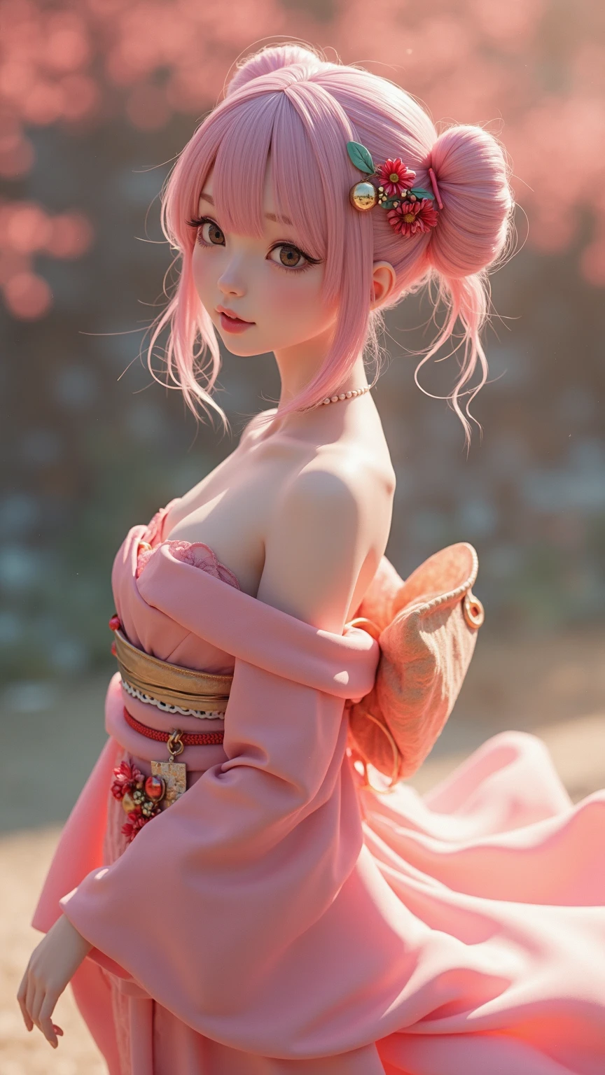 (masterpiece, top quality, one female, solo, intricate details, chromatic aberration), (realistic), (skin), ((breath)), (pink hair, blunt bangs), detailed hair, red headdress, blue highlights, hair over one eye, purple eyes, earrings, piercing eyes, choker, ((pink and white kimono)), ((symmetrical eyes)), ((perfect symmetrical body)), (pureerosface_v1:0.3), night, (((natural light))), backlit, grey wall, dim lighting, looking towards viewer, ((center shot, from the front, (face and waist))), 