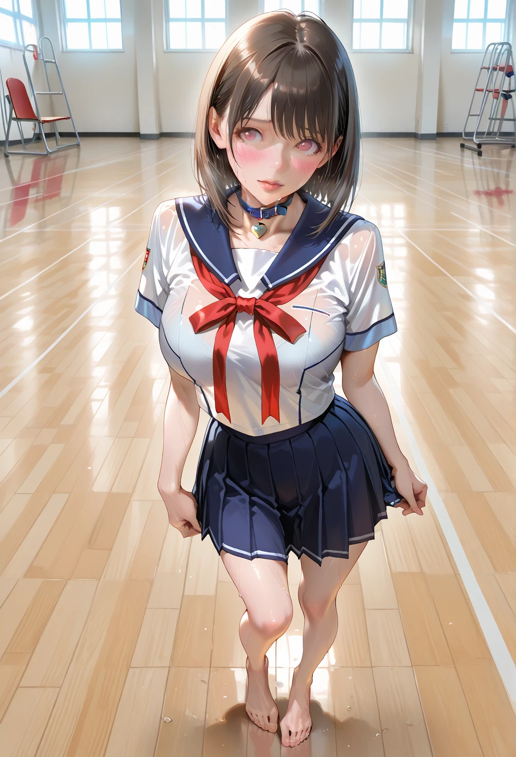 (((Perfect Anatomy, Anatomically correct, Very detailed肌))), 1 girl, Japanese, high School girl, Glowing Skin, Observe your audience,
Detailed Hair, Detailed face, Detailed eyes, (Long Hair:1.4, Straight hair:1.7), Parted bangs:1.5, Light brown hair, blue eyes, Baby Face, Mole under the eye,
Beautiful clavicle, Beautiful body, Beautiful breasts, Large Breasts:0.5, Beautiful thighs, Beautiful feet, Camel Toe,
((Detailed cloth texture, Short sleeve, Cute navy blue sailor suit, Dark blue pleated skirt, Navy blue sailor color, Sailor scarf, socks, Brown Loafers)), Captivating thighs,
((Embarrassing, Scared, Mouth half open)), Are standing, (((Leaning forward), Take off, Raise one leg, Pull on white panties)),
(Beautiful views), summer, School, locker room,
8k, Highest quality, Masterpiece:1.2, Very detailed), (Realistic), Beautiful illustrations, Cinema Lighting,