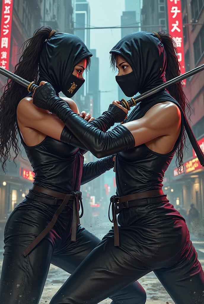 A cute but angry ninja chick defeating another chick