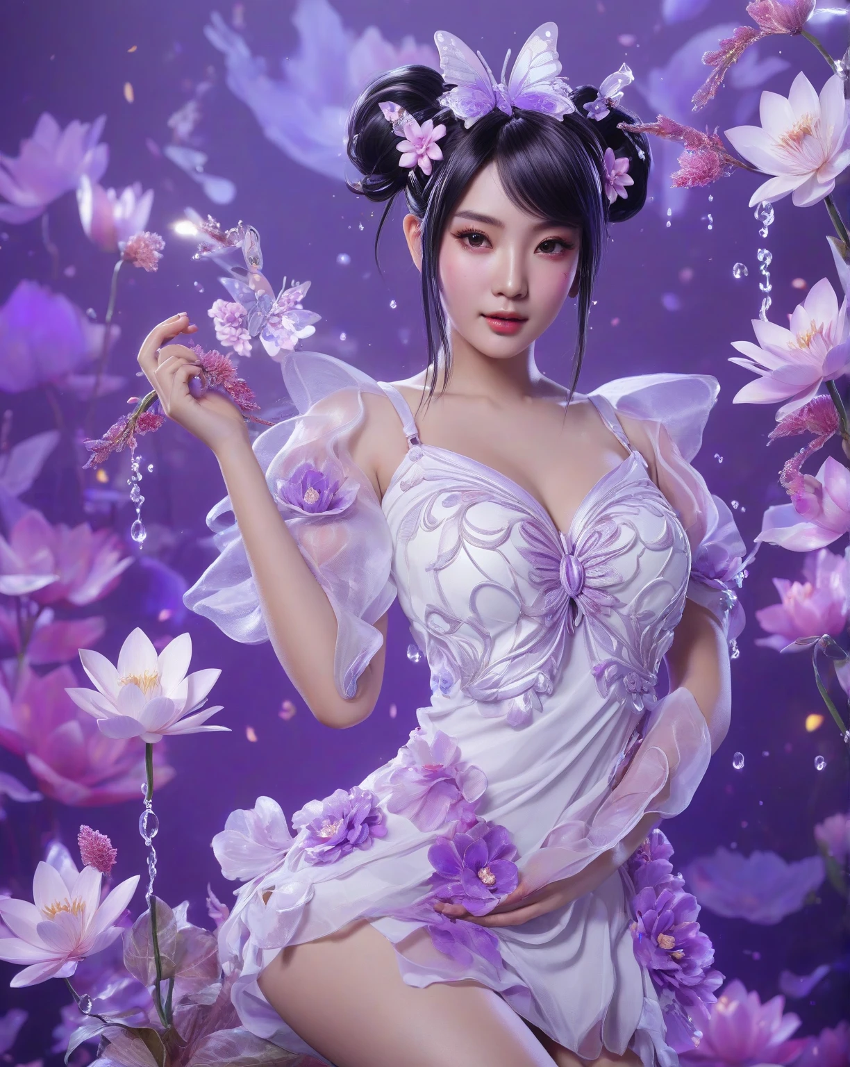A beautiful woman with perfect curves wearing a long purple dress that gently flutters in the air,The beautiful woman was lie down in a sea of beautiful flowers surrounding her, Chinese traditional, her flexible body increasing with every movement, So enchanting, the dim candlelight, the glowing butterflies fighting the darkness of the night, the light of the moon, The night wind blowing the curtains, the purple flower petals , flower petals flying around the room, Chinese dancing, This woman is so beautiful that she attracts everyone who watches her, ancient China, imperial empress