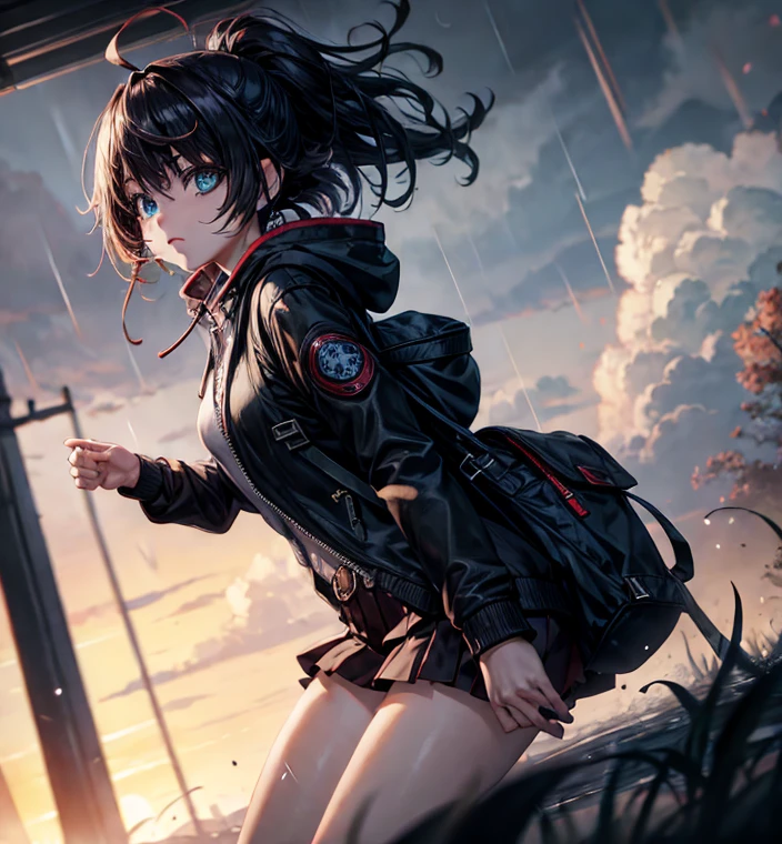 masterpiece, best quality, 1girl, solo, mountain, extremely detailed, fire, fire swirl, long coat, black coat, ankle boots, outdoors, thunder, rain, glowing, glowing eyes, upper body, crossed legs