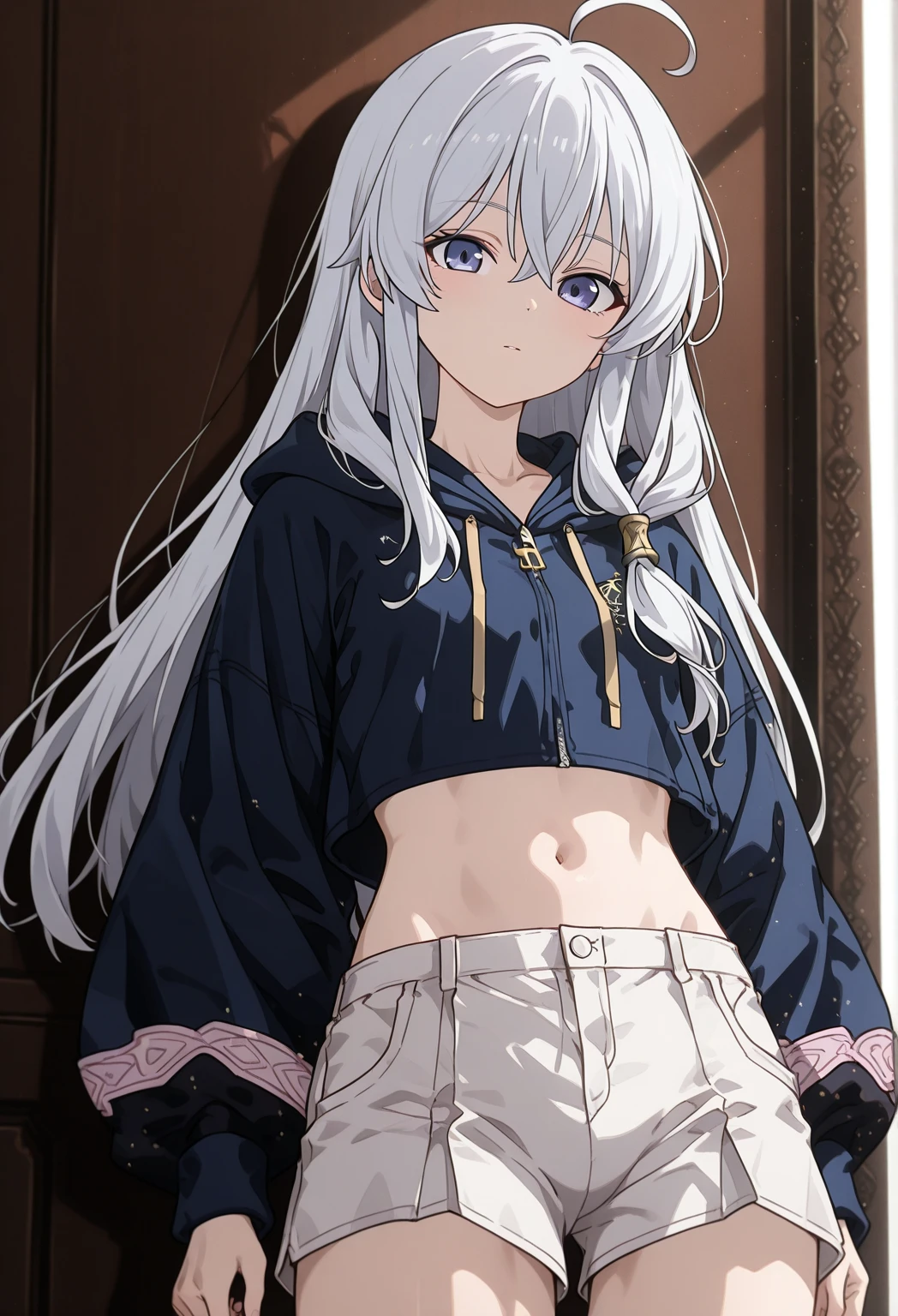 (masterpiece, 4k, best quality, highly detailed, 1girl, solo, small breasts, looking at viewer, knees together, expressionless), blush, grey hair, blue eyes, long hair, (black hairband:1.2), (hair ribbon:1.2), black ribbon, Shirogane Kei (Kaguya-sama), <lora:chara_Kaguya-samaWaKokurasetai_ShiroganeKei_v1:0.8>, animal onesie, onesie, on bed, open clothes, navel, collarbone, <lora:OnesiePJs:1>