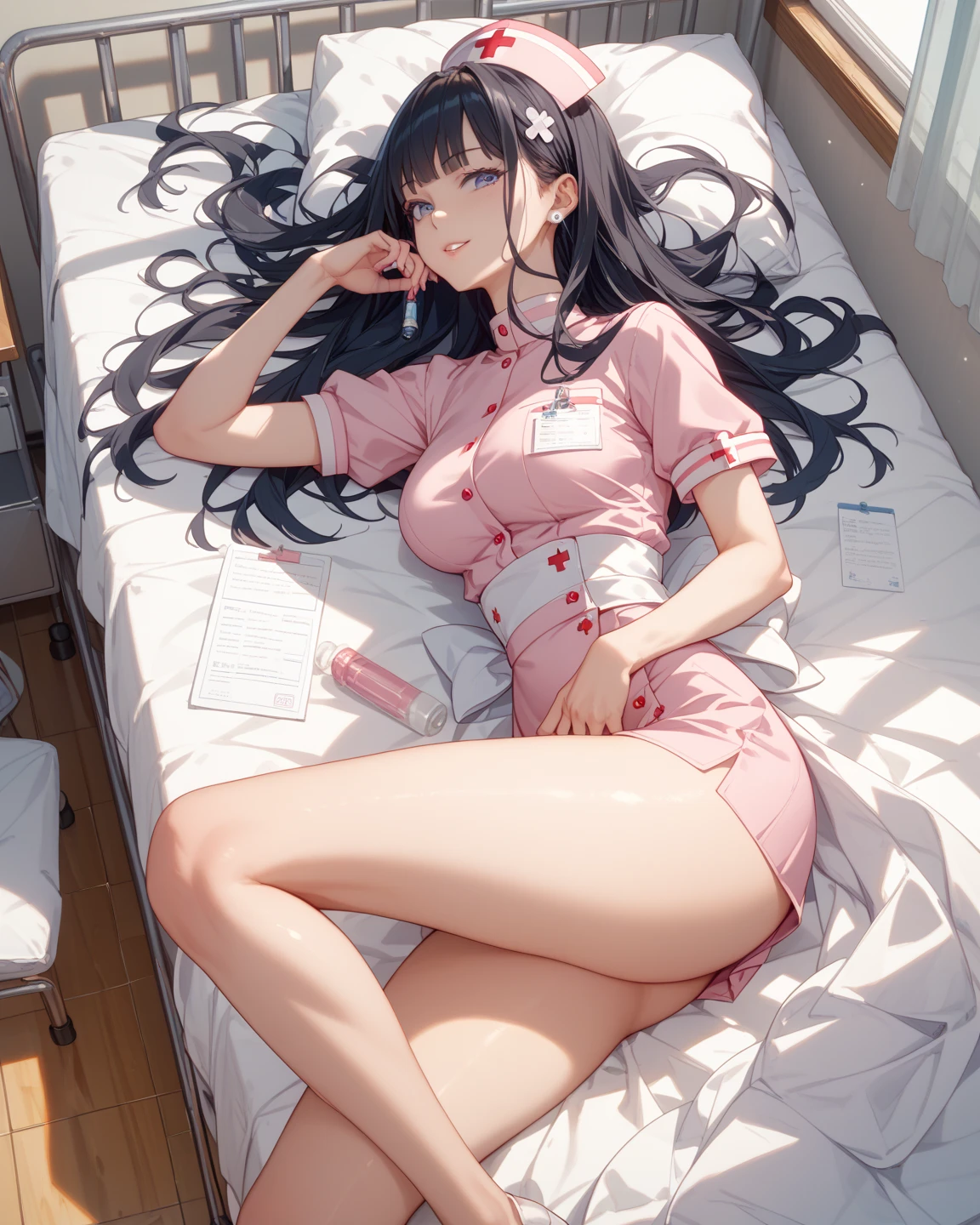 ((Masterpiece)), ((Best Quality))), ((Ultra Detailed)), ((Illustration)), a girl, with long black hair and white skin, lying on a hospital bed, in a hospital gown, with her eyes closed, dying