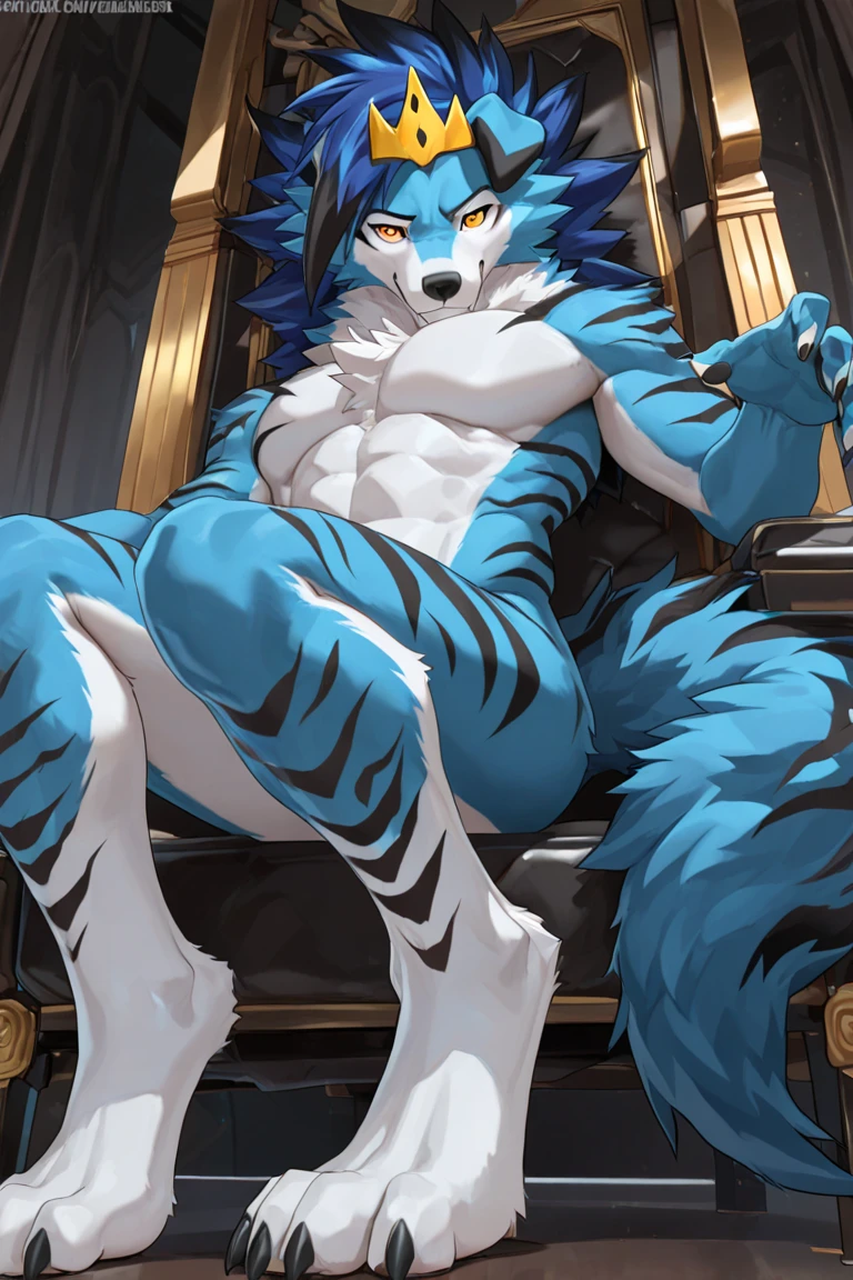 male, weregarurumon, sitting in an armchair with crossed legs, nude, seductive, flirting at viewer,