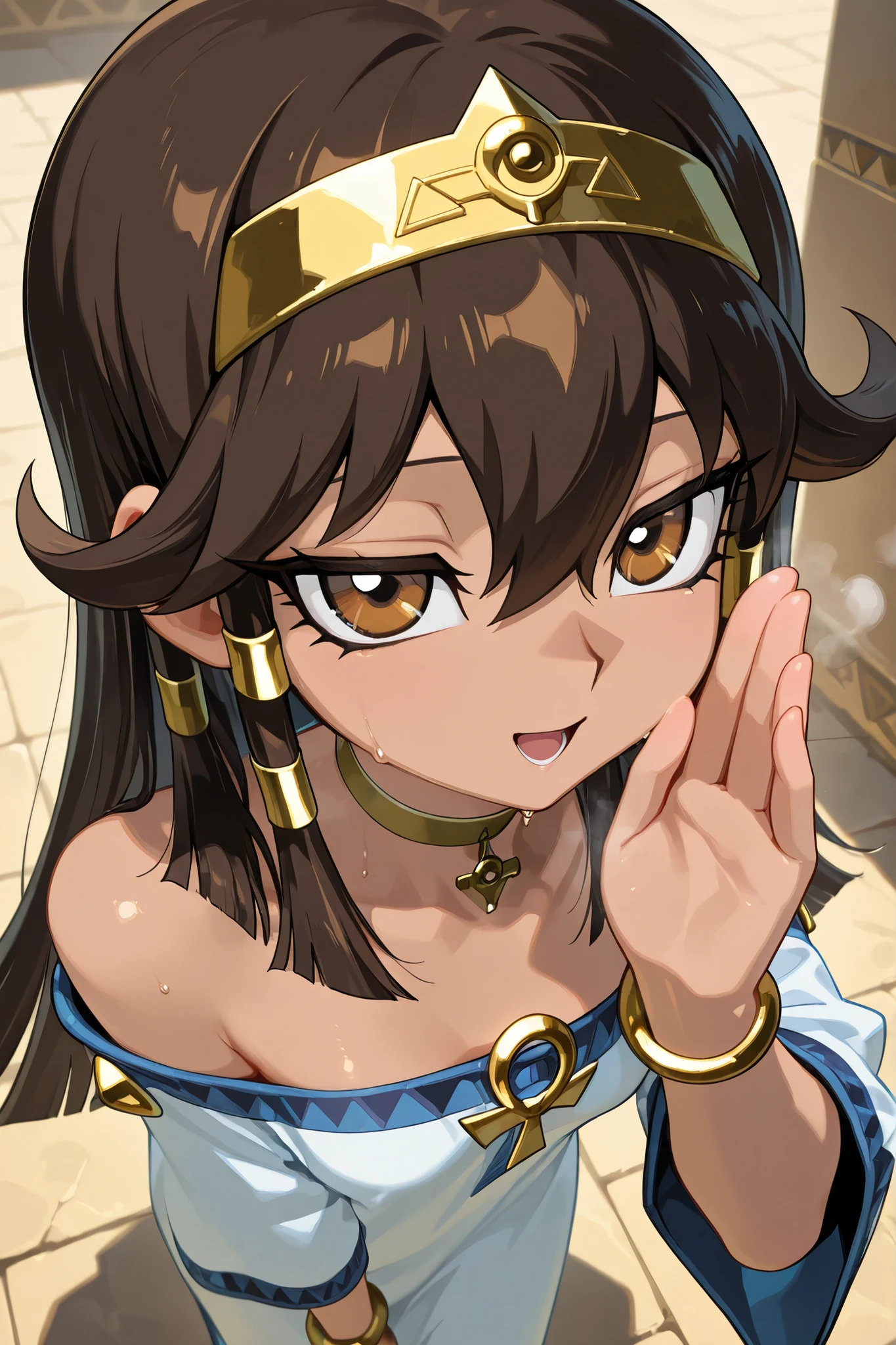 masterpiece, High quality, Ultra detailed, 2d, newest, absurdres, highres, BREAK
1girl, solo, egyptian,  sera_(yu-gi-oh!), long hair, brown hair, sidelocks, hairband, hair tubes, jewelry, hair between eyes, brown eyes, choker,
small breasts, seradef, off-shoulder dress, dress, ankh, bracelet, 
from above, smile, open mouth, narrowed eyes, sweat, steam, whispering, hand up,