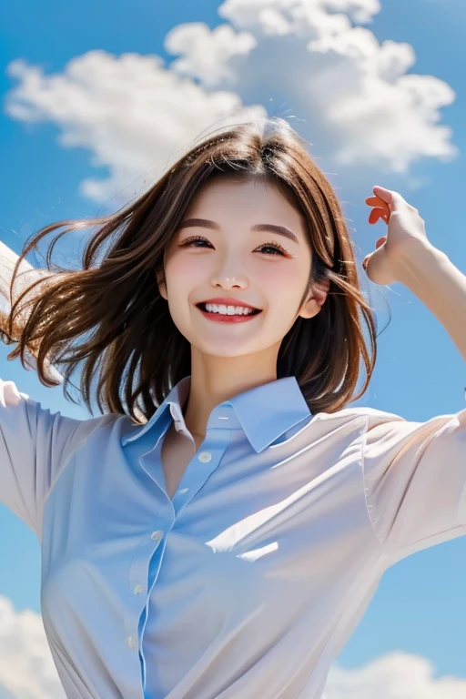 (One girl with slender small breasts and long hair with dull bangs in a white t-shirt:1.5)、(One girl looking up the sky with thin smile :1.3)、(Low angle shot :1.5)、(Beatiful big blue sky:1.5)、(Perfect Anatomy:1.3)、(No mask:1.3)、(complete fingers:1.3)、Photorealsitic、Raw photography、masutepiece、top-quality、hight resolution、delicate and pretty、face perfect、Beautiful detailed eyes、Fair skin、Real Human Skin、pores、((thin legs))、(Dark hair)