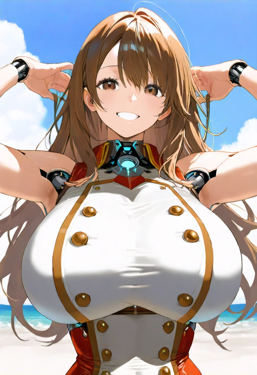 masterpiece, best quality, ryoubi (senran kagura), heterochromia, twintails, blue eyes, green eyes, large breasts, 1girl, solo, brown hair, hairband, ribbon, hair ribbon, skirt, arrogant face, looking at viewer, front, big breasts, front, cleavage, both hands on hips, evil smile, breast focus, smirk, height 145cm, red bikini
