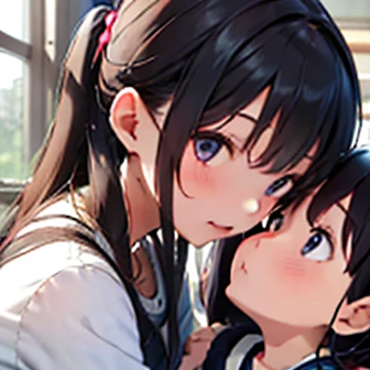 hug each other２people,Follow-up force,have your neck licked,sweaty,beautiful girl,saw 2, blue eyes, black hair, Low twintails and short cut, medium breasts, frown,blush,Black tight suit, streak,