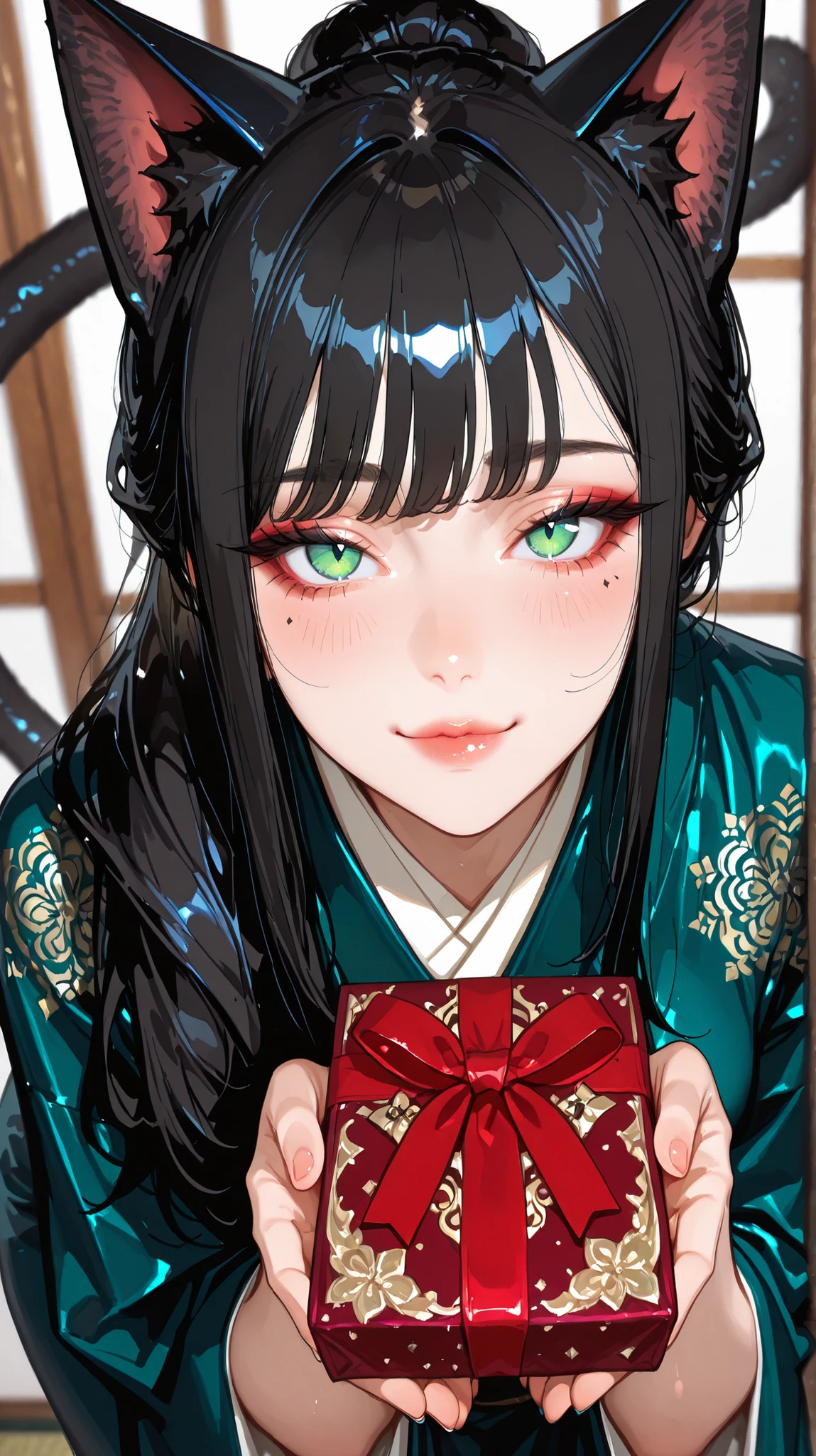 A full-length portrait of a graceful anime catwoman with clear, flawless skin, smooth black hair falling over her shoulders, and stunning green eyes , wearing a modern and elegant kimono with gold embroidery and a cat's tail appearing from behind, leaning forward slightly while presenting a carefully wrapped gift to the viewer with both hands, soft smile and a playful expression, but elegant, cat ears adorned with delicate ornaments, flawless face, highly detailed facial features, ultra-sharp eye details, Simple and blurry background, front angle at eye level, in 32k resolution, original high-quality character, obra-prima.