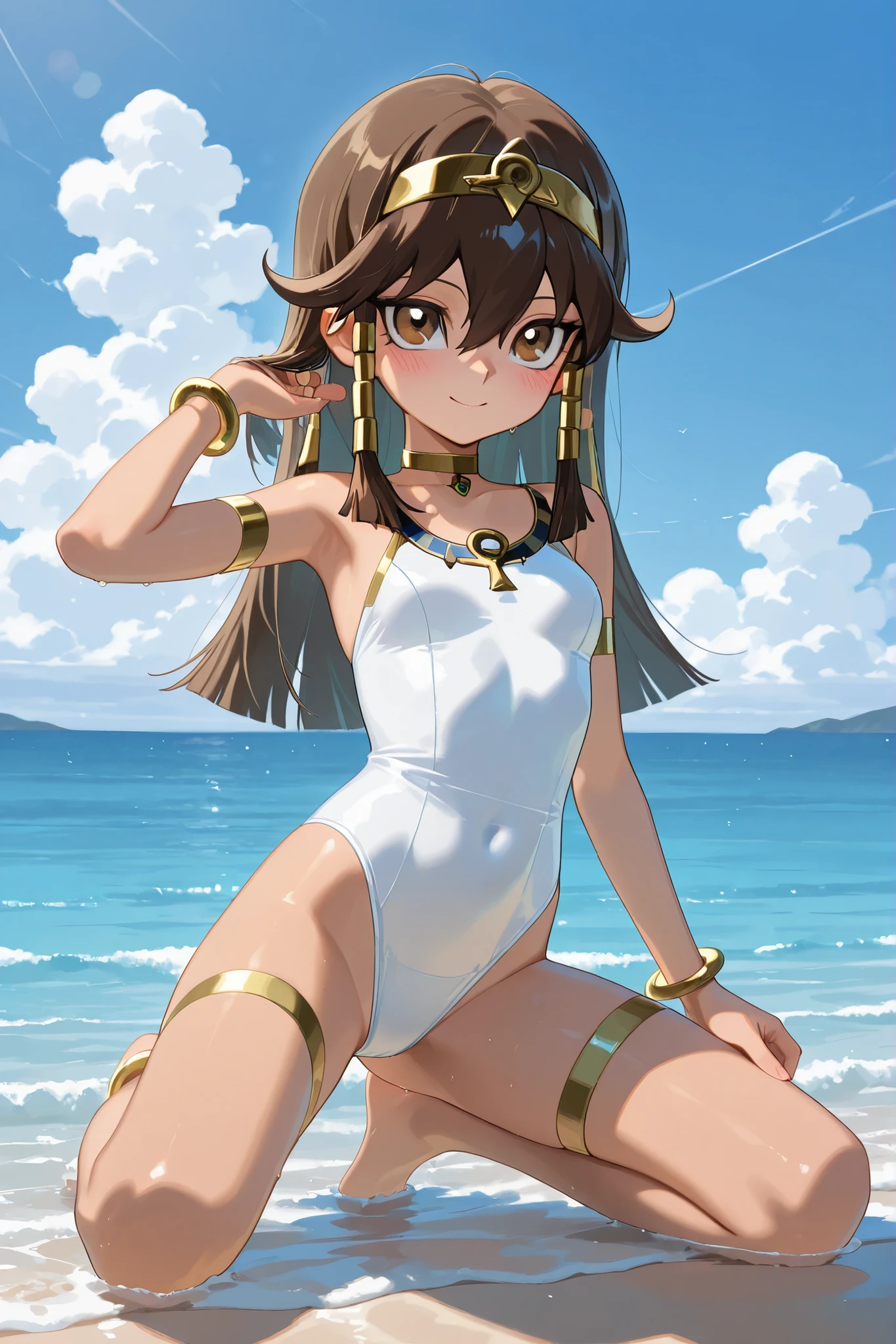 masterpiece, High quality, Ultra detailed, 2d, newest, absurdres, highres, BREAK
1girl, solo, egyptian,  sera_(yu-gi-oh!), long hair, brown hair, sidelocks, hairband, hair tubes, jewelry, hair between eyes, brown eyes, choker,
small breasts, seraNd, blush, smile, swimsuit, ocean, blue sky, hand up, full body,
