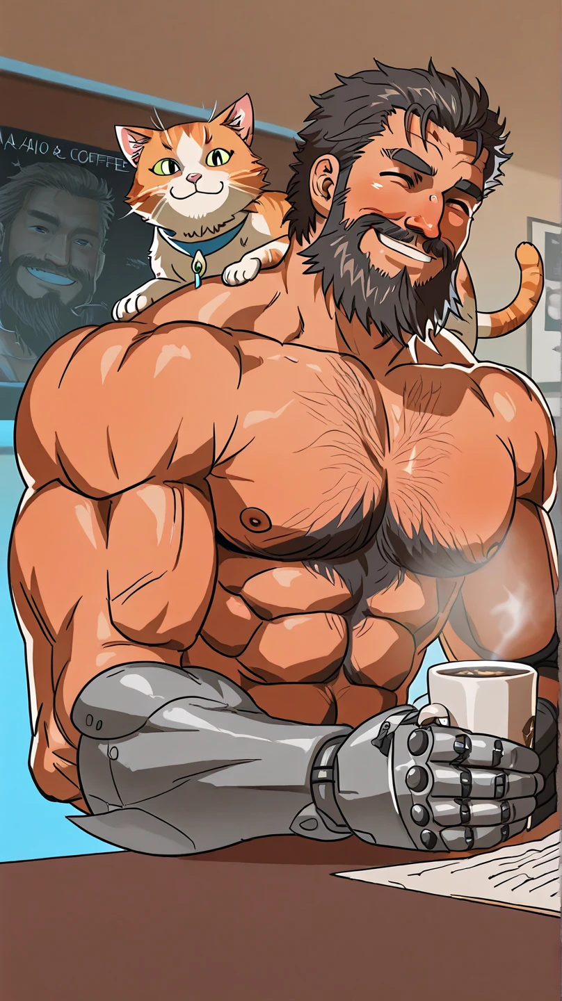 furry, anthro, solo, average male orange werewolf, (monotone orange fur:1.3), male, black beard, white chest fur, adult (using black pants, no shirt), (heavily muscular, manly, brutal, masculine:1.4), green eyes, realistic eyes, masculine, (muscular, dense build:1.4, muscular shoulders, strong pecs, claws on hands, wolf tail) , naked, standing in a kitchen holding a coffee mug looking slyly at the viewer:1.3, super detailed, detailed face, best art, 8k, vibrant, by taran fiddler:1.8, by RedRusker:1.8, art stile, 3D, halfbody, impressive physique, serious face, detailed eyes, manly, older face