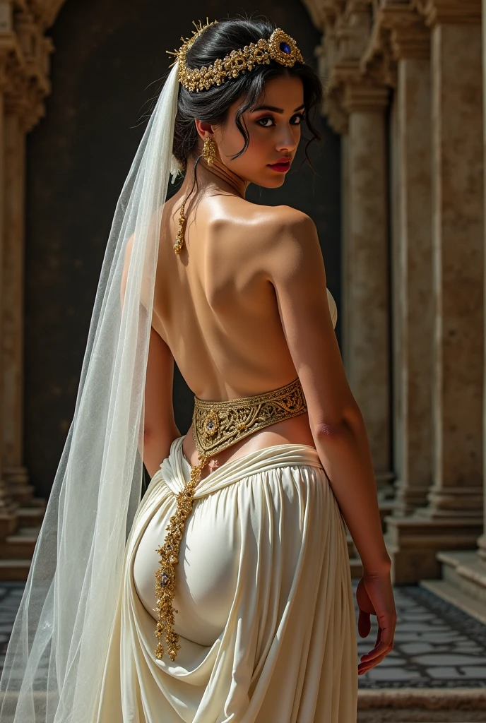 A beauttiful medusa woman wearing a white toga, she has snakes for hair , veil of snakes, best quality masterpiece, realistic photo, intricately detailed, 8k, HDR, shallow depth of field, wide light, high contrast, backlight, light flares, chromatic aberration, sharp focus, RAW color photo, looking at the camera, various poses