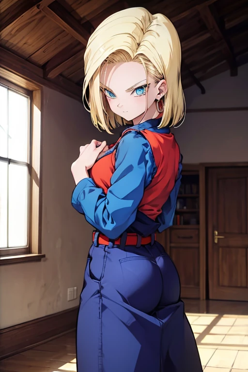 Create an image of a single character inspired by Android 18 from Dragon Ball Z, with a sexy and confident pose, wearing a form-fitting outfit that accentuates her curves. If possible, emphasize her piercing blue eyes and short blonde hair, framing her face in a seductive pose