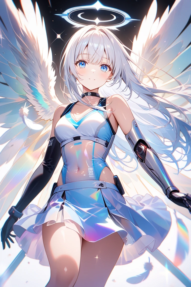 silber hair,long whitr hair,8k wallpaper,detailedbackground,Highest high resolution,deep v big breasts,Hair covers one eye,Bandeau,chies,angelicales,tight-fitting,stocklings,feater,wings,Skysky