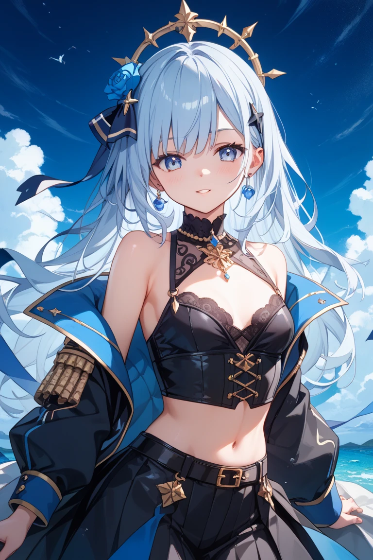 eula \(genshin impact\), apalpando os peitos, sorriso sexy, (alta qualidade, 8k, obra prima, qualidade ultra, extremamente detalhado, bem colorido, no blurries, foco absoluto, impeccable quality) 1girl, highleg panties, hooded jacket, open jacket, hands, bikini, best quality, highly detailed
