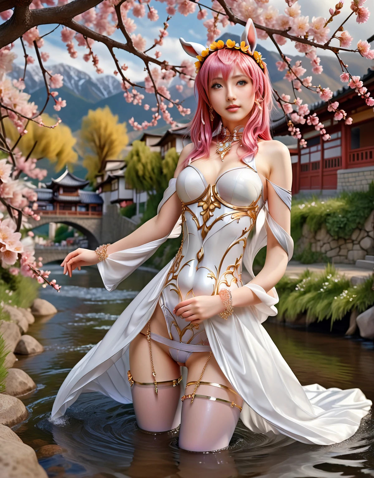 realistic, masterpiece,(, pov,best quality, ) , (,1girl, solo, large breasts, looking at viewer, cherry blossoms, lake, ) <lora:DA_SupremePharaoh:0.6>,