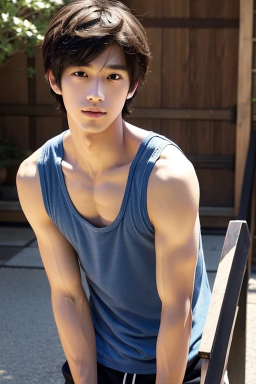 A sharp-looking Japanese man with a childish face、Black short hair、Refreshing beautiful young man、Sportsman、Fair-skinned and thin、Big ears、Body is sideways and face is facing you