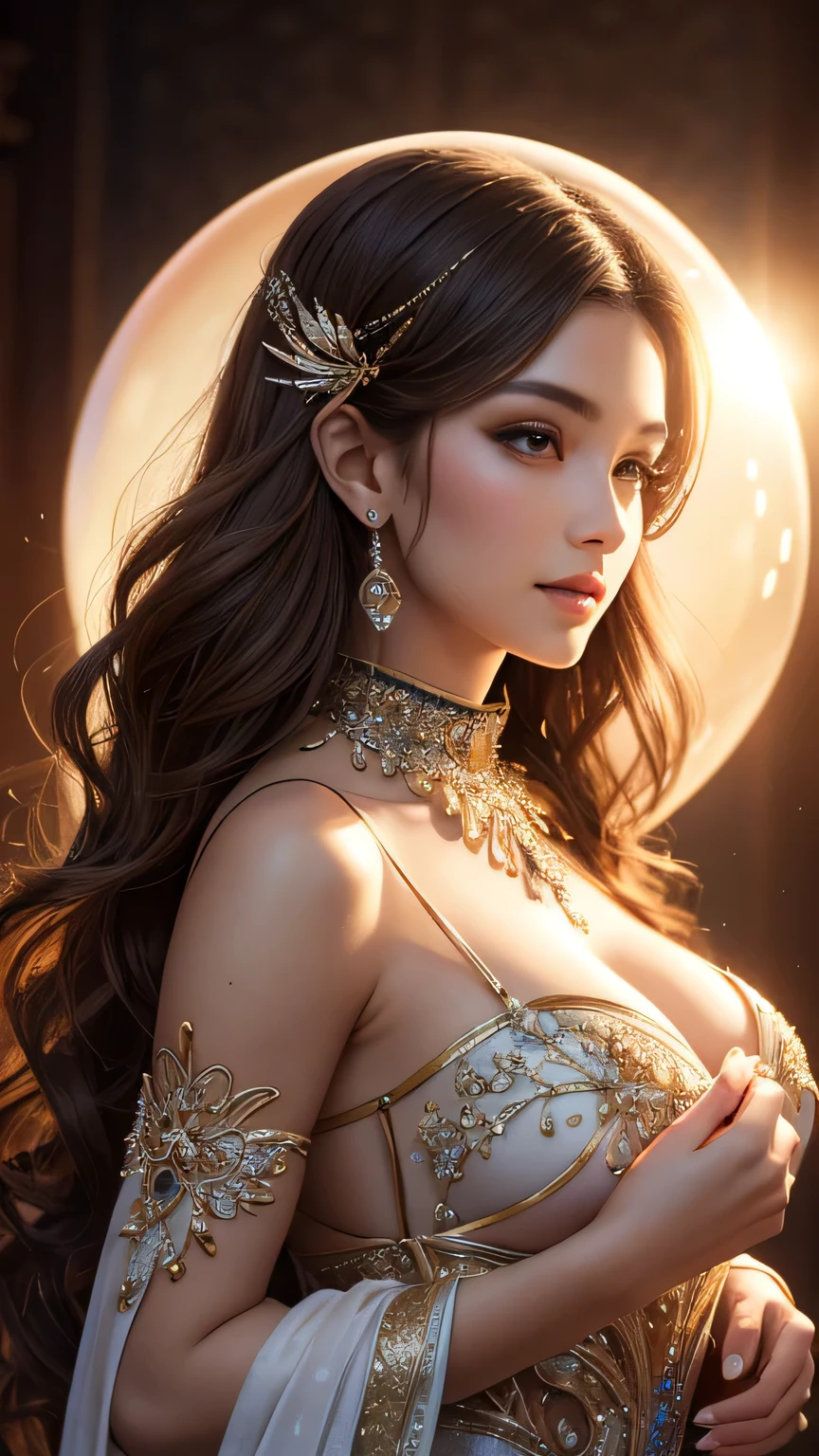 Beautiful girl looking at the camera, huge breast, from below, full length, , ((background space and stars)), (masterpiece), best quality, very detailed, (watercolor), blooming, delicate and beautiful, illustration , (bottom), (detailed skin, diffuse skin pores), ethereal, max detail, max quality, (bloom: 0.5), ray tracing, specular, shallow DOF, anti-aliasing, 8K UHD, SLR camera, soft light, high quality, 3D lighting, candid, photography, high resolution, 4K, 8K, bokeh, ultra-realistic 8K CG, (epic:, perfect work, masterpiece, ancient dynasty, middle ages, fantasy), ((((detailed background))) , amazing god-like beauty, vivid facial features, detailed hair, dynamic angle, amazing stunningly beautiful, lying down, extremely detailed skin, golden wet skin, 50mm portrait, glamour, perfect soft curves, perfect body, perfect boobs, perfect wide hips, plump wet lips, extremely detailed muscle definition, perfectly detailed abs, ultra-realistic