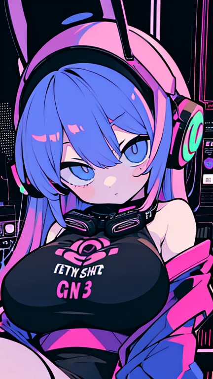 Best quality, (masterpiece:1.2), best detail face,1 girl, big breasts, 18 yo, 8k,absurdres,unity 8k wall paper,(extremely detailed:1.3), highest realistic, (retro headphones:1.1), (soft neon light:1.1), (floating hair:1.2), (psychedelic:1.2), Her room full of music equipment, Leaning back on the chair with a casual attitude, Light clothing in summer, dark yellow color palette