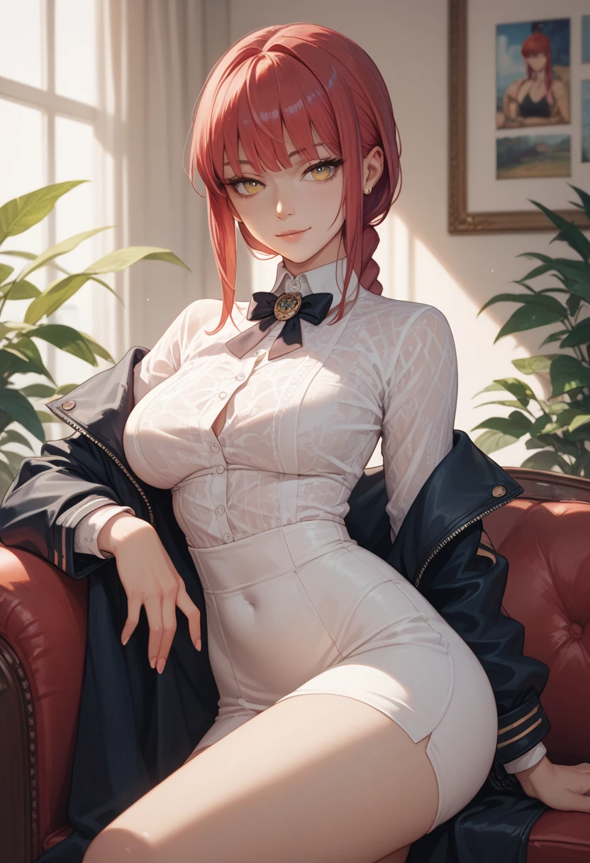 1 female、Cool sister、looking at the camera、red cheeks、on the chair、cleavage、Wine red hair、white dress、Open neck、Neon feeling、neon laser、neon room