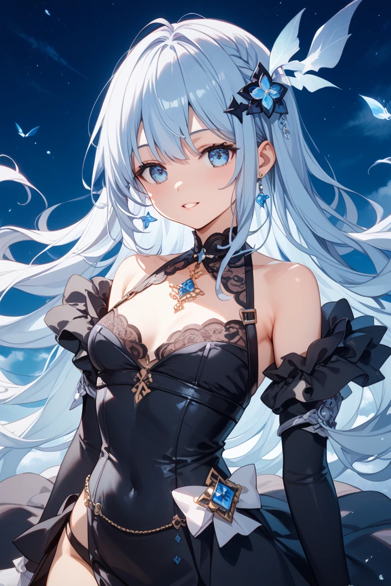 young girl, Long white hair, cat ears, cat tail, blue eyes, Blue luxurious tight dress, ssmile, Masterpiece, hiquality