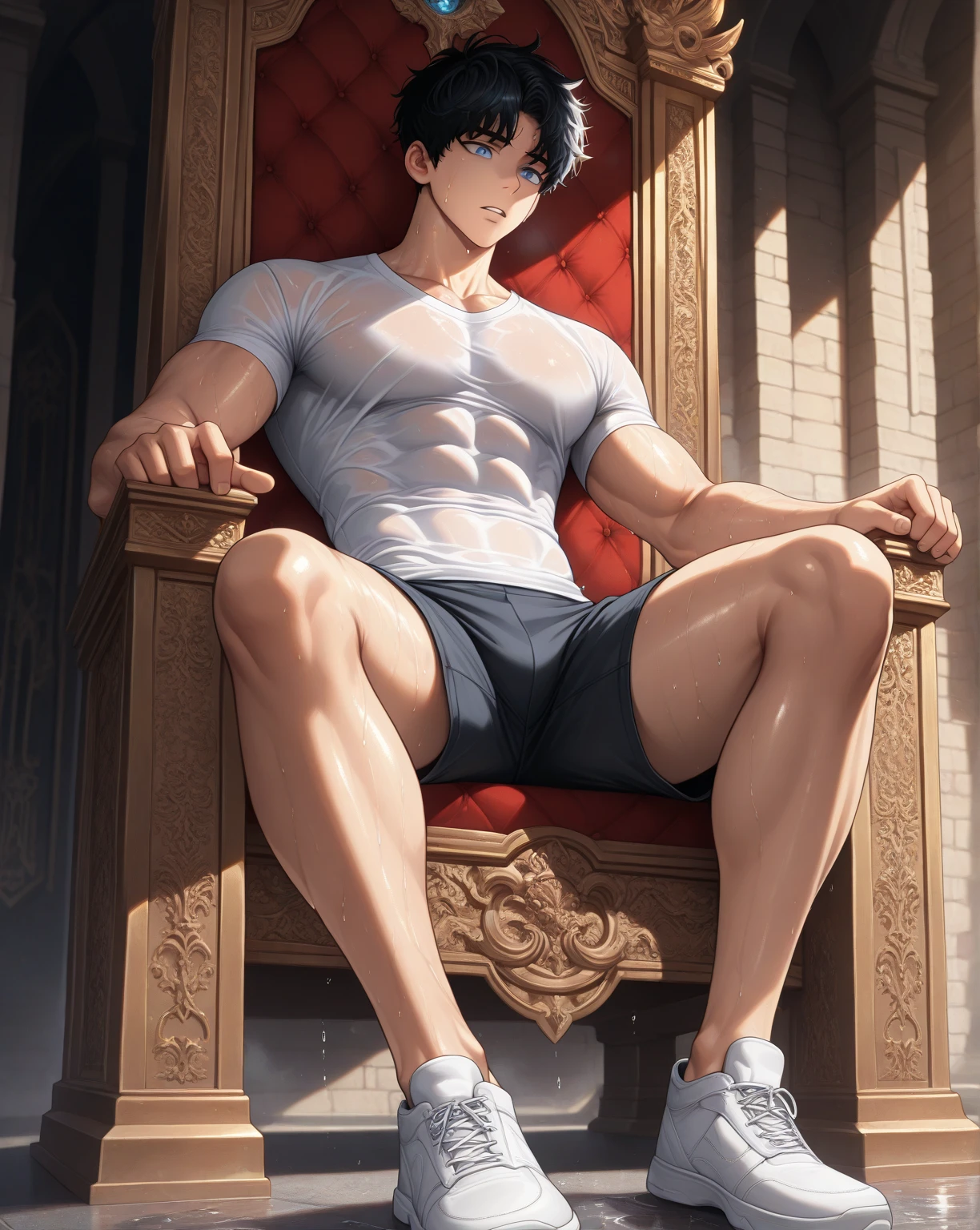 white hair boy, very detailed pink eyes, serious look, White skin, muscular, sexy, barefoot, Sitting in an armchair
