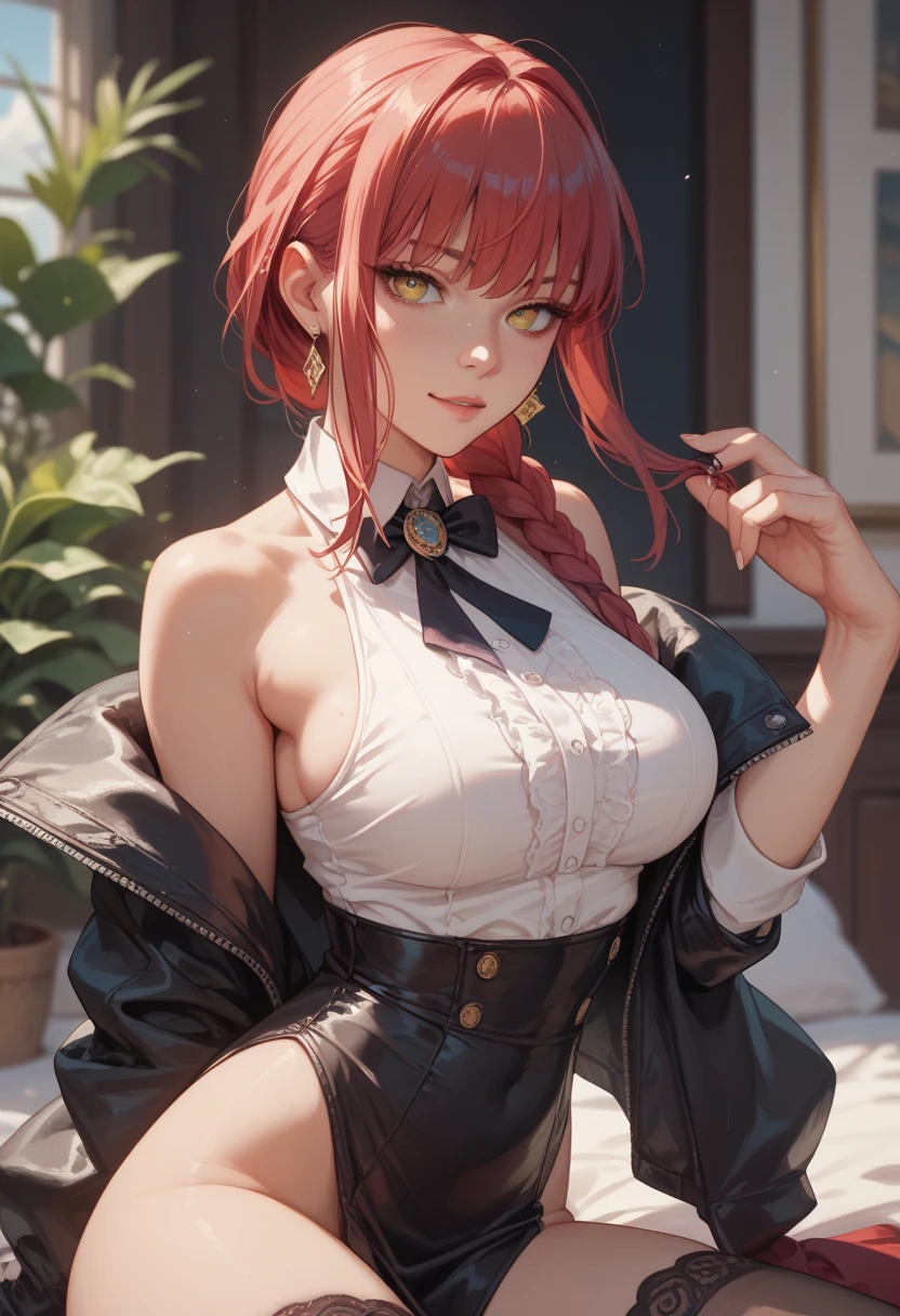 (best quality:1.5, highres, UHD, 4K, detailed lighting, shaders), white braided twintails haired, gradient hair, large breasts,red suit, white T-shirt, white short skirt, mature woman , (pov), black background, colorful eyeshadow, dramatic lighting, sparkling eyes, sensual expression, golden earrings, braided twintails hair, delicate facial features, soft skin, high cheekbones, urban setting, black background, dont look for the camera, sitting on a chair upside down, behind the camera