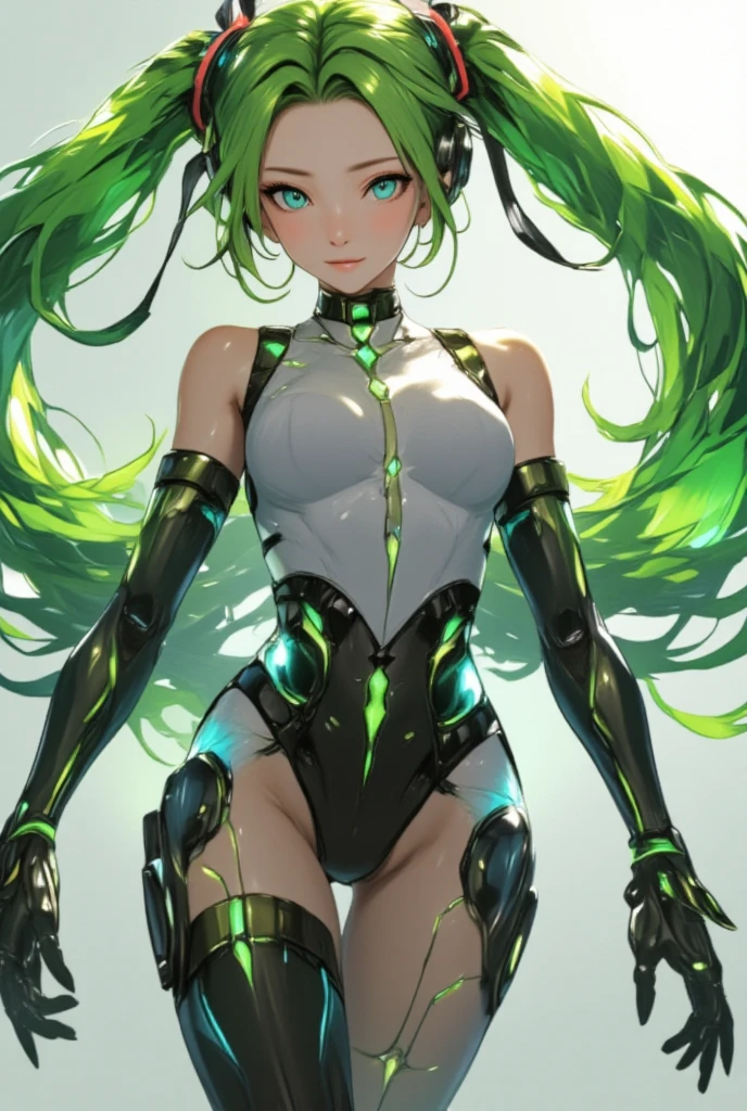 A beautiful, young, visibly barefoot cyborg woman, wearing skintight cybernetic technological green and black body armor top with a long skirt, bare midriff, with short blonde wavy hair, in a futuristic room, standing, smiling.