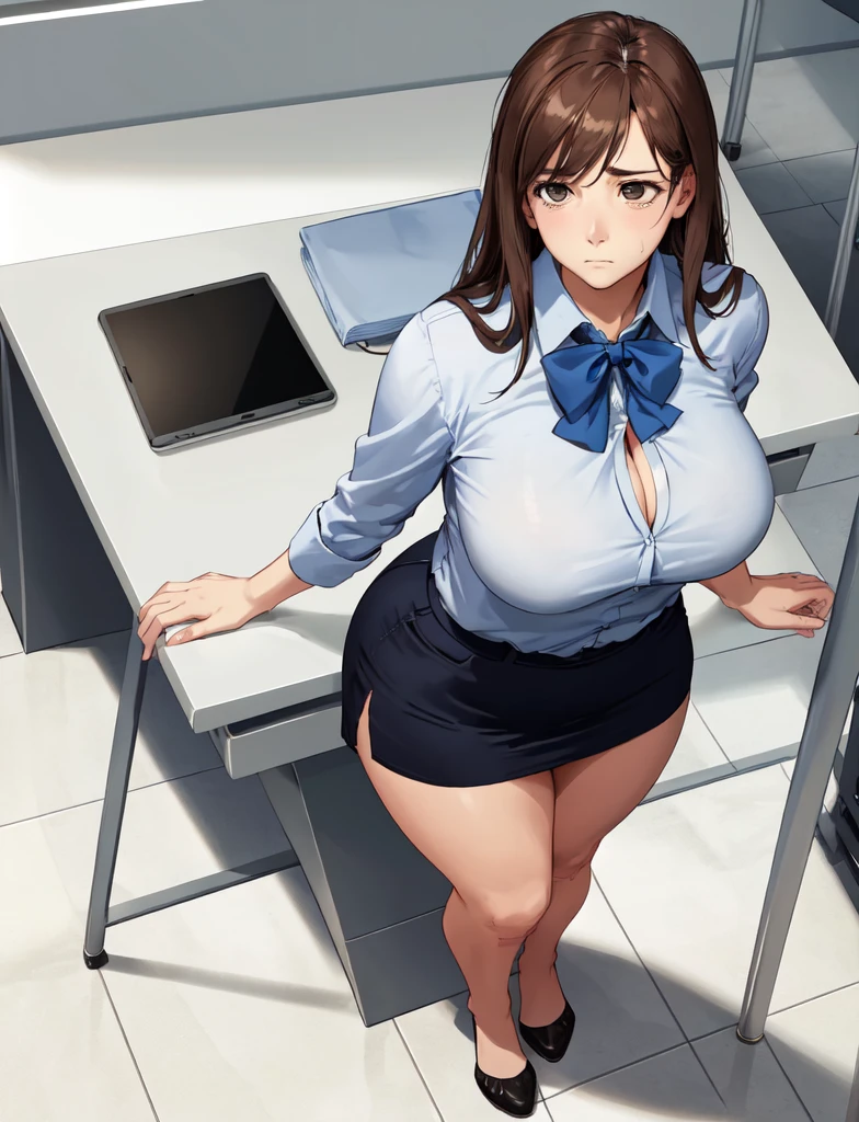 score_9, score_8_up, score_7_up, score_6_up, 1girl, secretary, busty, small waist, wide hips, secretary outfit, stockings, from front, sitting at a office desk, pov, point of view, leaning forward, office, glasses, strict hair, cleavage