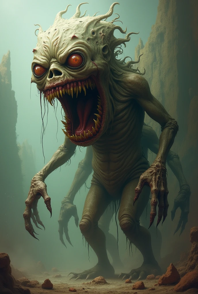 Create a realistic depiction of a monstrous creature that has lived for over 1000 years at the bottom of the sea. This creature should be ancient, terrifying, and unsettling, with features that evoke a sense of primal fear and horror.
The monster's body is massive and grotesque, covered in a combination of slimy, wet-looking skin and patches of rough, scaly armor. Its form is twisted and unnatural, with a mix of features from various horrifying sea creatures. Its proportions are bizarre and disturbing, designed to evoke a deep sense of unease.
The creature's head is particularly horrifying, featuring multiple asymmetrically placed eyes that glow ominously in the dark. These eyes have a sickly, unnatural glow, adding to the creature's eerie look. Its mouth is filled with sharp, jagged teeth, partially open to reveal thick, viscous saliva that drips menacingly. Additional elements like spines, horns, or bioluminescent patches should emphasize its alien and terrifying nature.
One of the creature's most distinctive features is its numerous long, writhing tentacles or limbs. These appendages are covered in spikes, hooks, or suckers, moving fluidly in a way that is both hypnotic and deeply unsettling. Their movements should appear unnaturally smooth, adding to the creature's otherworldly and disturbing presence. The appendages vary in length and thickness, some extending far into the shadows, suggesting the creature's immense size.
The setting is a dark, deep-sea environment. The background should include elements like jagged rocks, sunken ships, and eerie marine flora, creating a sense of confinement and isolation. The environment should be cold and oppressive, with the creature's slimy skin reflecting the minimal light available. Shadows should play a significant role, obscuring parts of the creature to enhance its menacing presence.
Lighting should be minimal, using the weak glows from the creature's eyes and bioluminescent parts to create a dramatic and terrifyin