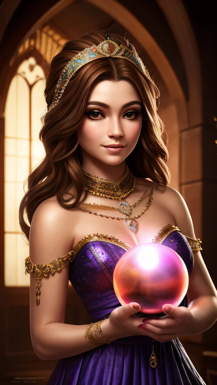(masterpiece, best quality:1.5), highest quality, High resolution, super detailed, Realists, Upper body photo of a brunette sorceress, detailed and beautiful eyes, beautiful detailed lips, very detailed eyes and face, longeyelashes, shiny satin dress, Holding a wand in your hand and performing a transformation spell, Magic wands present and shiny, Beautiful and colorful makeup, elegant and noble々The jewelry bag, Gardens as background, soft daylight, bright colors, fine brushstrokes, Portrait style, Silk dress fabric, beautiful color palette, glowing skin, First-class rendering, that captures every detail, enchanting atmosphere, subtle shadows and lights, (perfect anatomy:1.2), (The stunning sorceress holds a magical bouquet of flowers (a transformation with the magic wand:1.4), (magnificent panorama view:1.2)