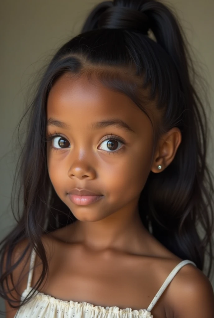 A seven-year-old African-American boy with brown skin, dark brown eyes and dark black eyelashes with low-cut brown hair, appointing nose, and a big smile with thin, pink lips and cute ears