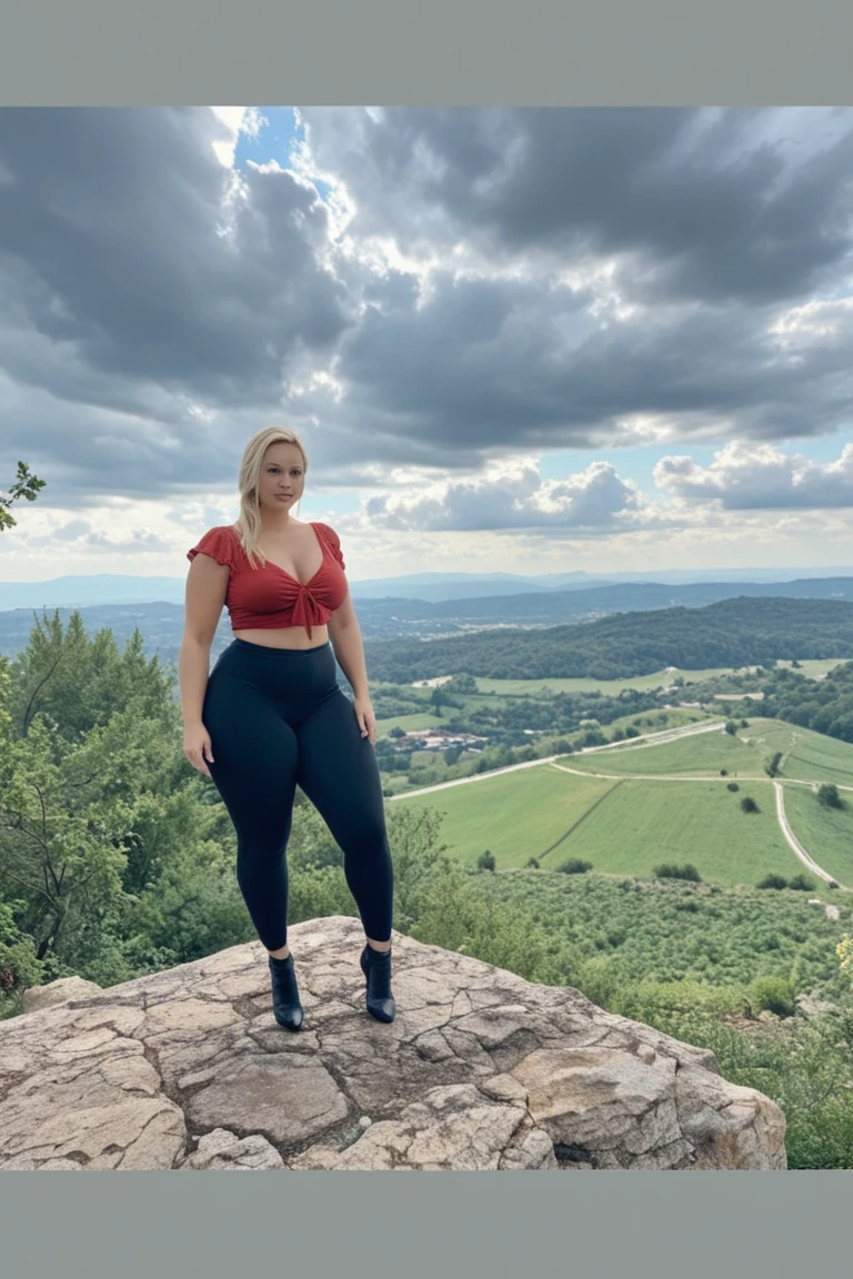 1 woman, ((Blonde woman walking along the edge of a cliff with amazing views of the valley below)), ((Hiking gear:1.3)). 40k, Photography, masutepiece, Best Quality, dark grey background, ((Mature Women, waifu, mami, A MILF)), Perfect face, perfect tits, ((One girl with brown eyes and gorgeous blonde hair)). Ultra-detailed face, Detailed eyes, embarrassed, Determined, Summer, Daytime, Hiking boots, Full body portrait, Dramatic, 超A high resolution.Photorealistic:.1.4, (High detailed skin:1.2), 8K UHD, Digital SLR, High quality, Film grain, FUJI XT3