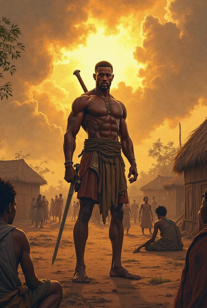 (((Intricate details))), (((highest quality))), (((extreme attention to detail))), (((complex composition))). afro warrior burned with low lighting, in his hands an ax with two shiny and finely crafted blades despite the rustic and suspenseful atmosphere. Incorporate a dark color palette with subtle touches of red to highlight key features. Emulate the mysterious atmosphere reminiscent of film noir.