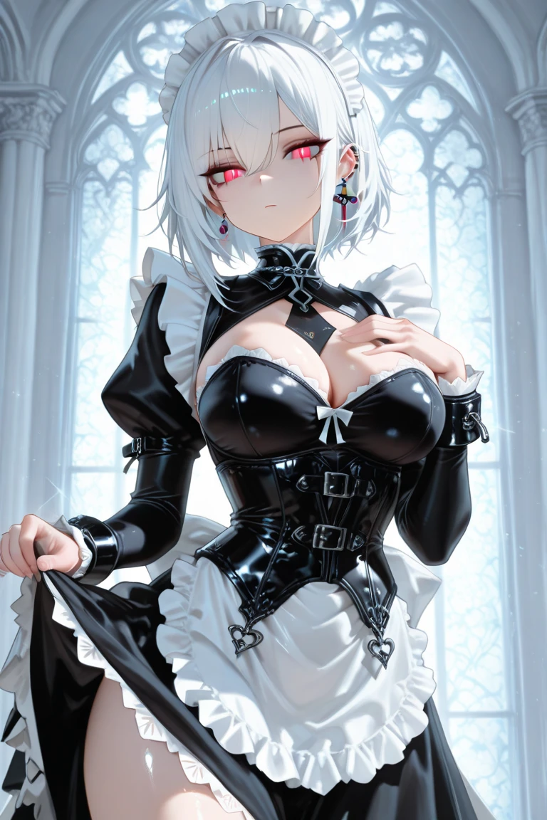 Young beautiful woman,(Highest quality,Extremely detailed depiction,Incredibly absurd high resolution,Anatomically accurate depiction,Curvy Legs,Shiny skin,Porcelain-like skin),(Black and white gothic maid outfit,Maid Skirt,corset,black tights,High heels),eyelash,(Silver Hair,Black Eyes,Eyes half closed:1.5,Large Breasts,Glossy black lips:1.2,Heavy makeup,Pottery vaseを抱えている:1.5),Sweat:0.8,(whole body),background:Bright corridor of the castle,Pottery vase,