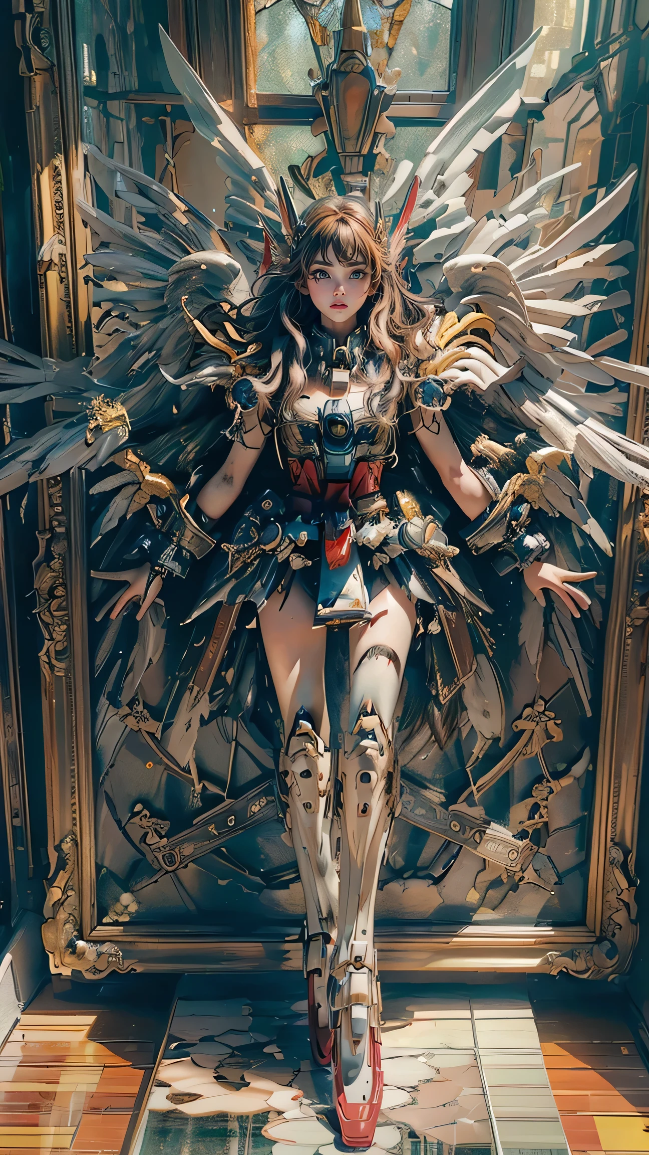 ((masterpiece, top quality, 最High Definition, high resolution, photorealistic,  RAW pictures , 8k)), ((Highly Detailed CG Integrated 8K Wallpaper)), wing gundam zero, realistic、16ｋ、High Definition、 realistic battlefield、soaring dust and fire、 with one knee 、realistic shaped feathers are attached to her back、It looks like a fallen angel、folding wings like a fallen angel、it's decaying to pieces、bright light shining through stained glass、((In front of a portrait of a beautiful girl))